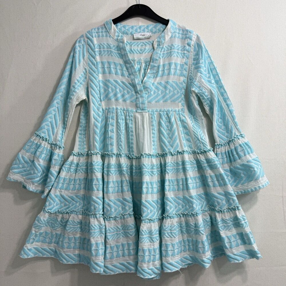 Devotion Twins Embroidered Ella Tunic Dress Size XSmall B Blue Off White Boho